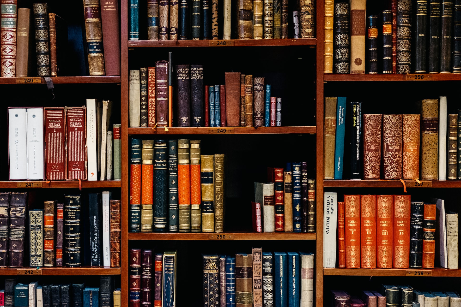 A section of a bookshelf with old bound books.